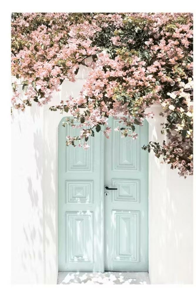 Puerta de madera con arbol lleno de flores